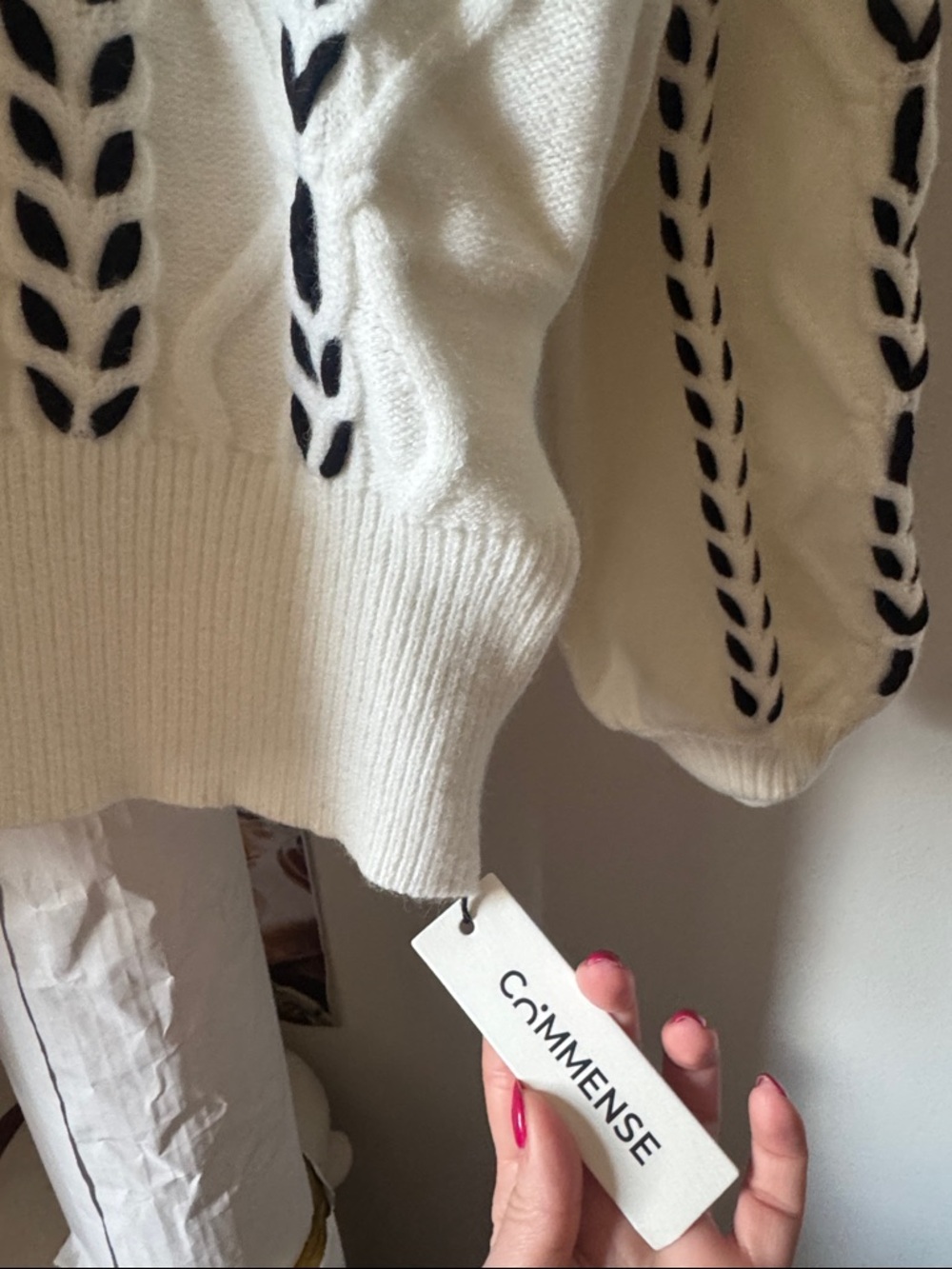 Commense Cream Crewneck Sweater with Black Braid Trim - Picture 2 of 2